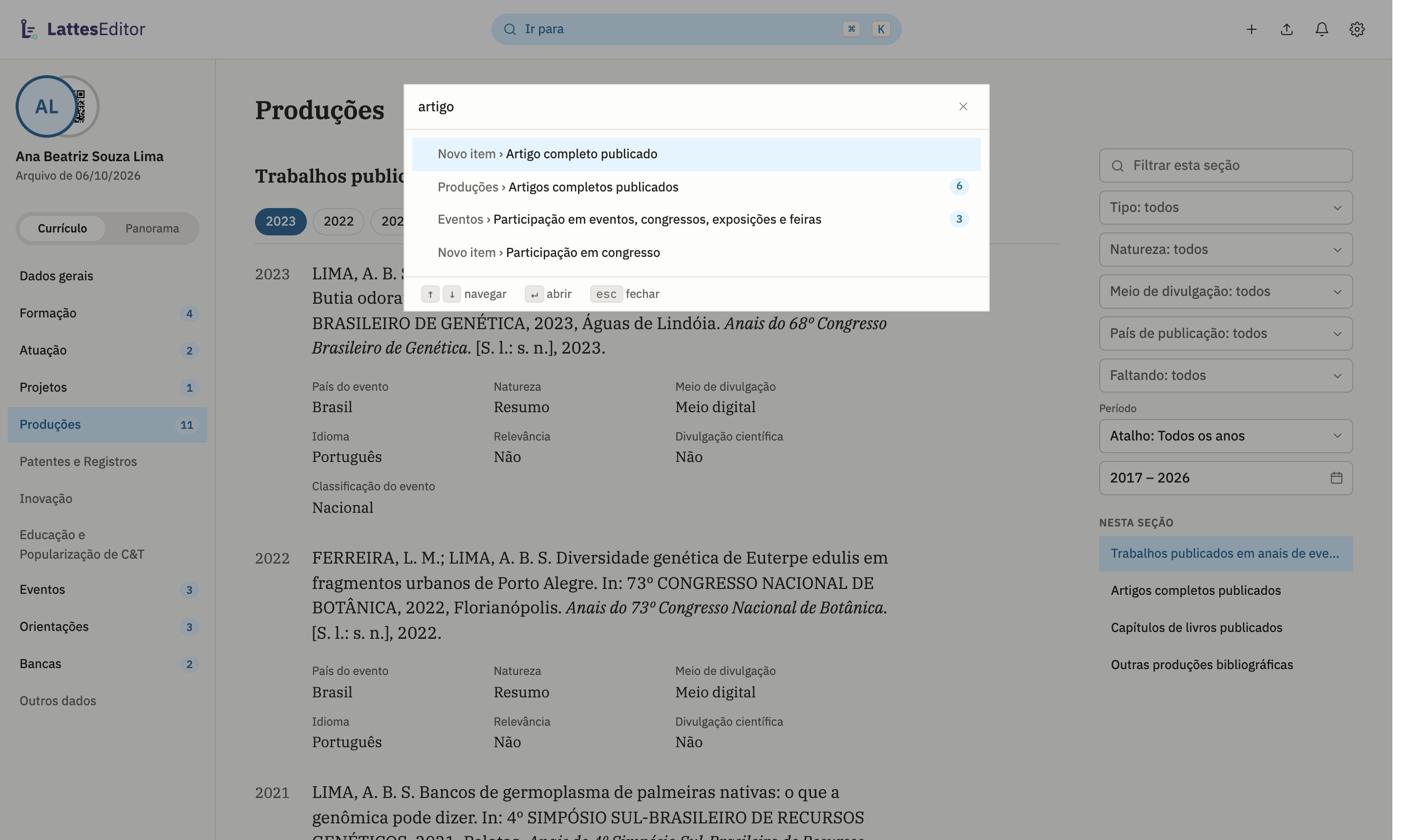A busca Ir para: ao digitar artigo, a lista mostra seções e tipos de item novo, e Enter abre a seção. Depois, o diálogo Imprimir currículo, com as opções da NBR 14724, e o tema escuro escolhido no menu de configurações.